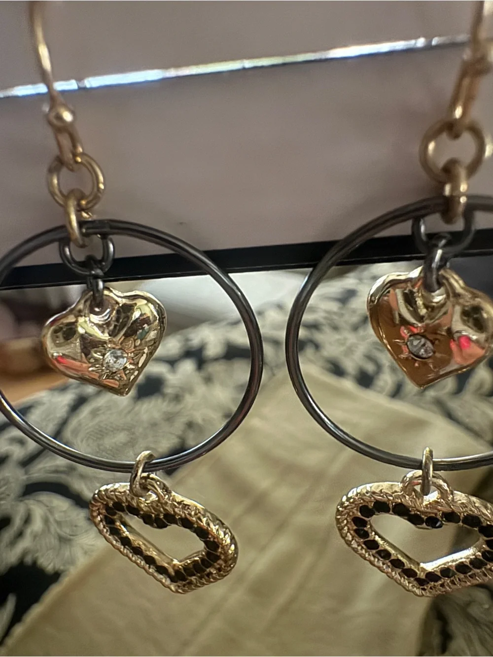 BCBGeneration Gold and Black Heart Hoop Dangle Earrings